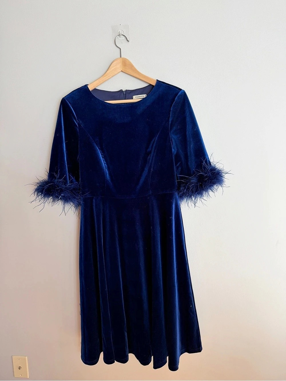 Fehaute Feather-Trimmed Velvet Midi Dress Blue